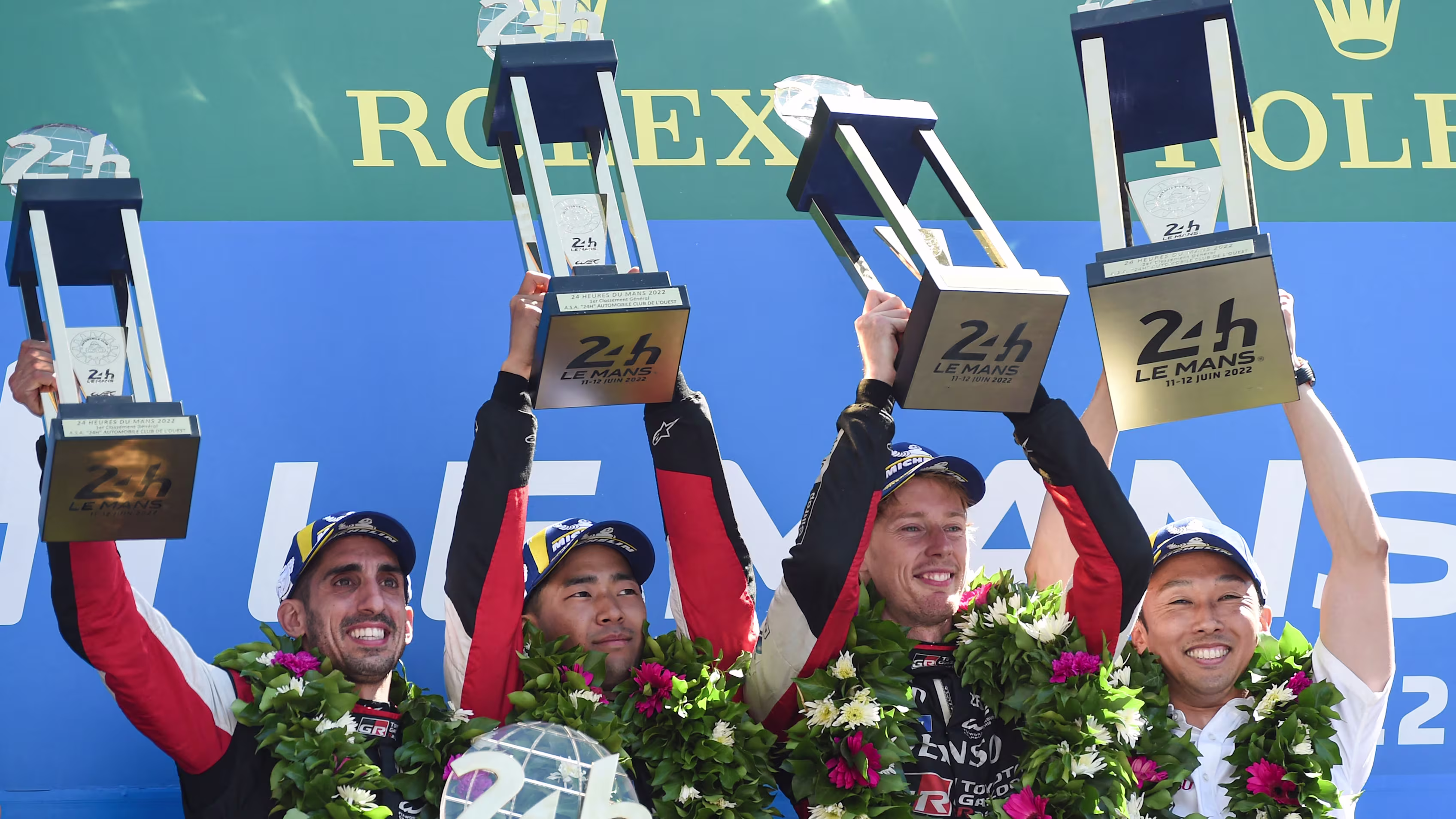 Ryō Hirakawa celebrating a Le Mans 24 Hours