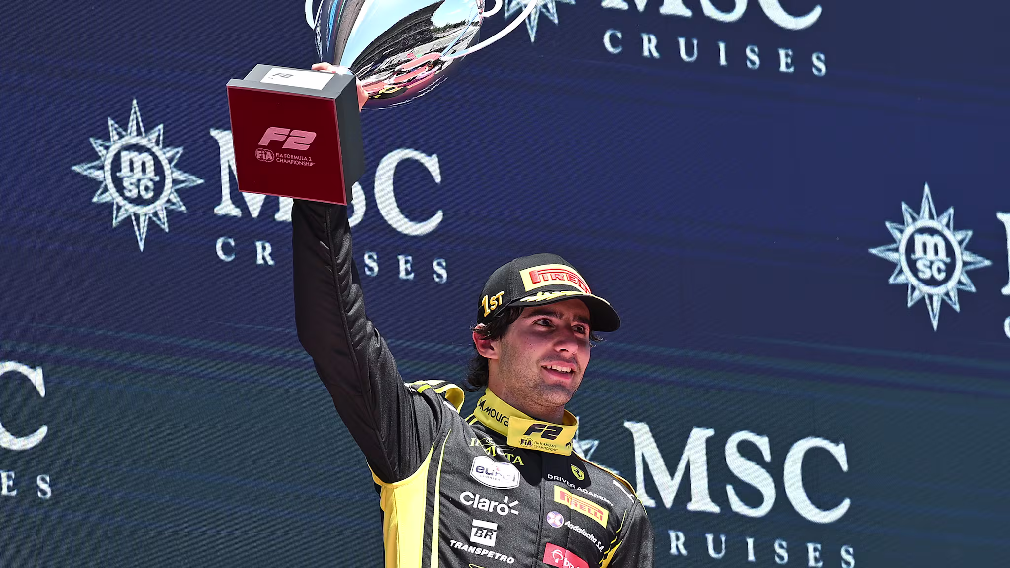Câmara celebrating on the top step after the Barcelona F2 Feature Race in June 2026