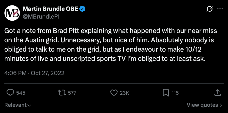  Screenshot of Martin Brundle’s October 2022 X post about receiving a note from Brad Pitt