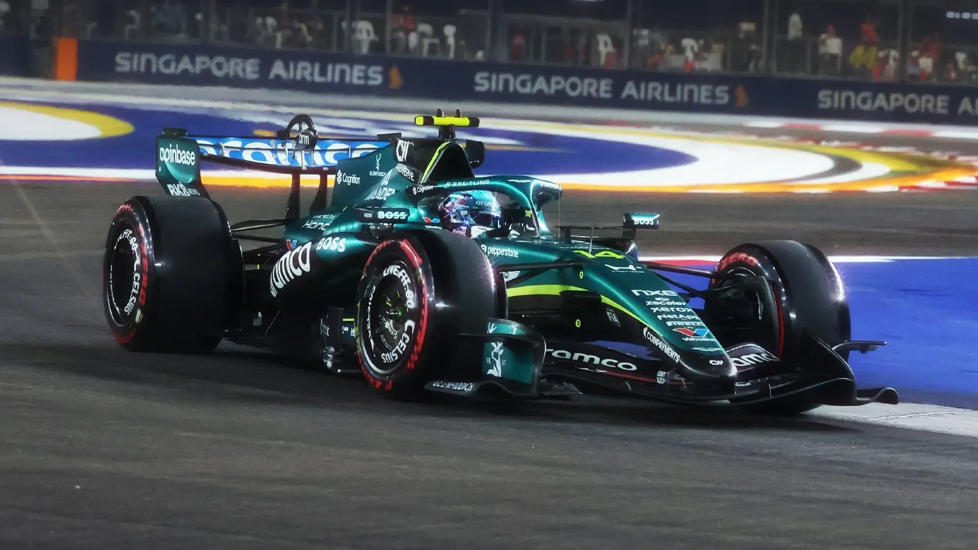 Antonelli driving the upgraded Mercedes W17 under the Marina Bay floodlights during Saturday qualifying